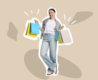 Image of Magazine cutout of happy woman with shopping bags on beige background. Stylish poster