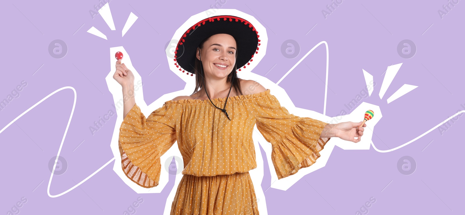 Image of Magazine cutout of happy woman in Flamenco hat playing maracas on violet background. Stylish poster
