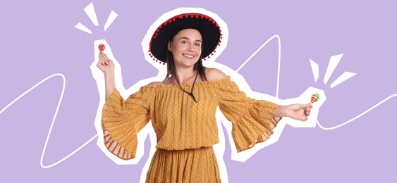 Image of Magazine cutout of happy woman in Flamenco hat playing maracas on violet background. Stylish poster