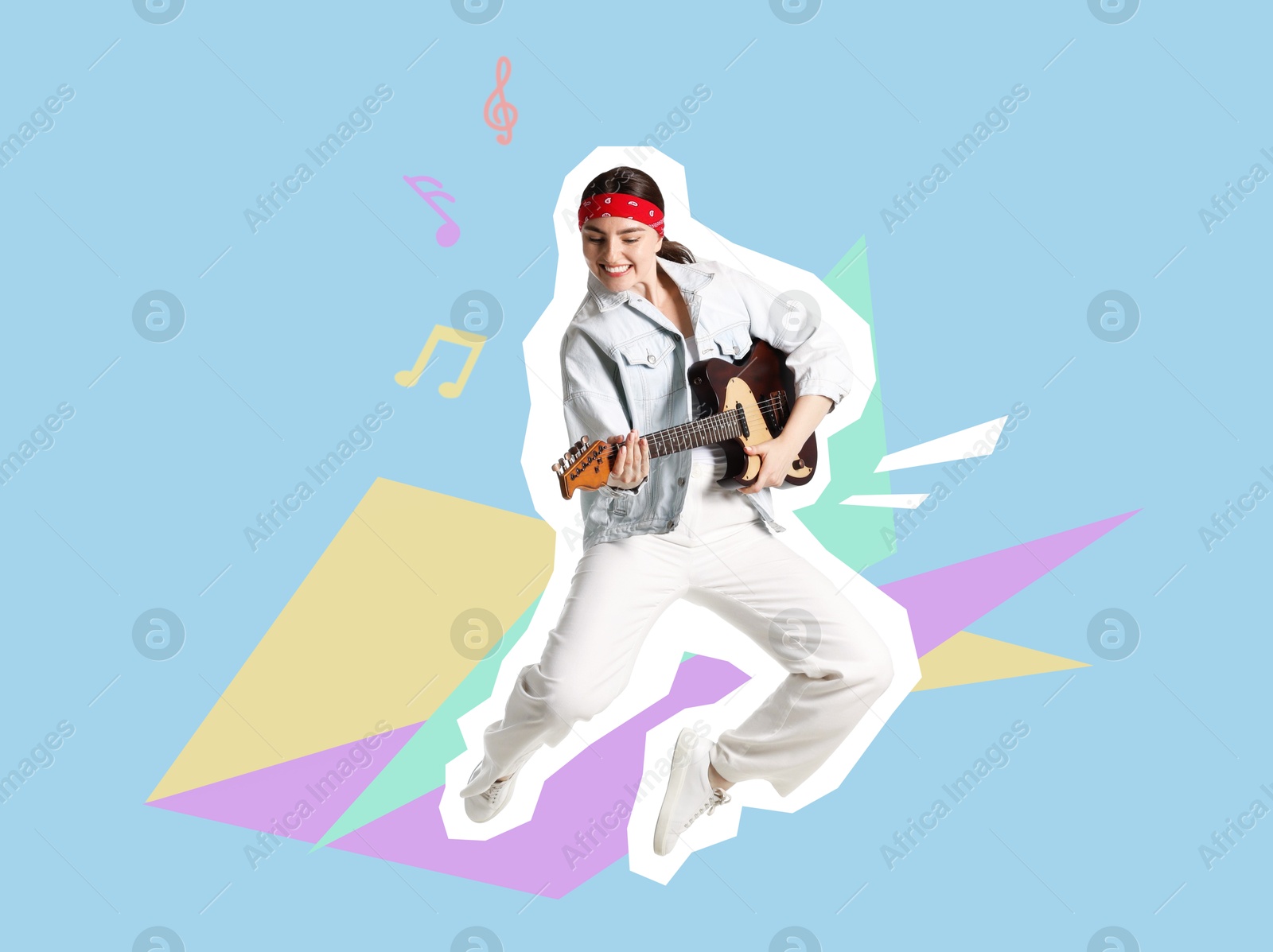 Image of Magazine cutout of woman with guitar jumping on color background. Stylish poster