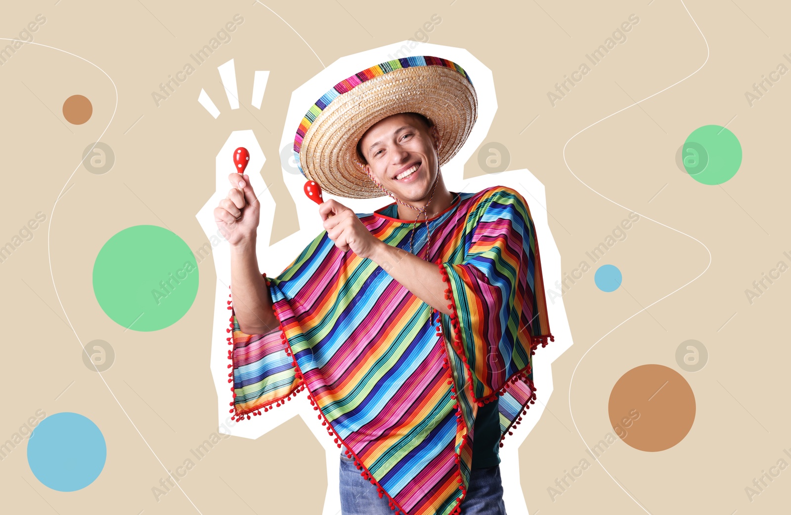 Image of Magazine cutout of smiling man in sombrero hat and poncho playing maracas on color background. Stylish poster