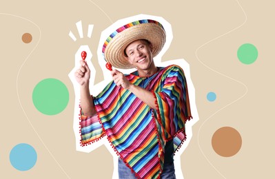 Image of Magazine cutout of smiling man in sombrero hat and poncho playing maracas on color background. Stylish poster