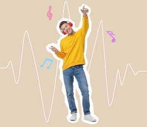 Image of Magazine cutout of happy man in headphones dancing on color background. Stylish poster