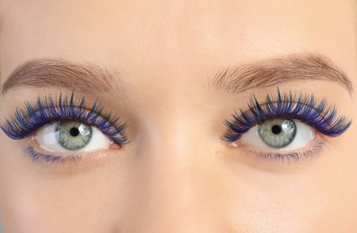 Image of Young woman with beautiful blue eyelashes, closeup