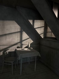 Photo of Wassenaar, Netherlands - April 24, 2025: Installation of attic with table and chair at Voorlinden museum