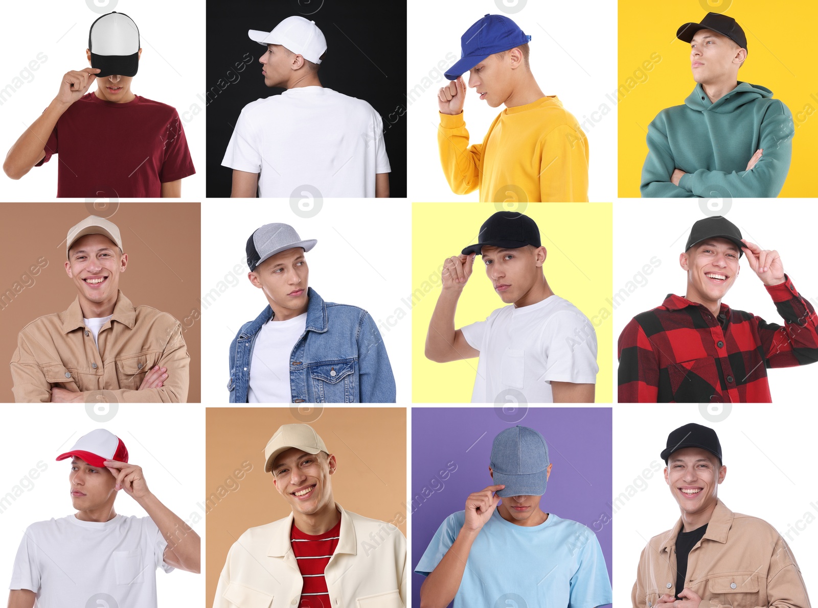 Young man wearing stylish baseball hats. Collage of photos on different colors background Image of Young man wearing stylish baseball hats. Collage of photos on different colors background