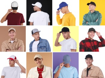 Image of Young man wearing stylish baseball hats. Collage of photos on different colors background