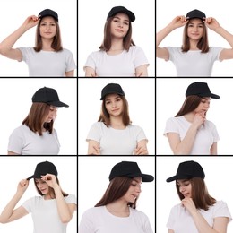 Image of Young woman wearing stylish black baseball hat on white background. Collage of photos