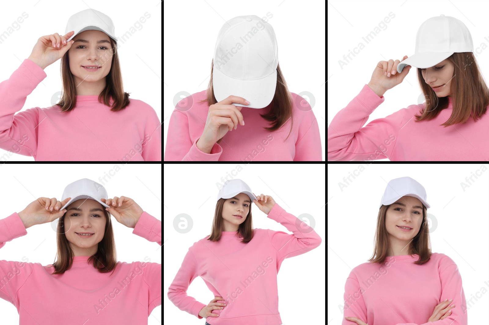 Young woman wearing stylish baseball hat on white background. Collage of photos Image of Young woman wearing stylish baseball hat on white background. Collage of photos