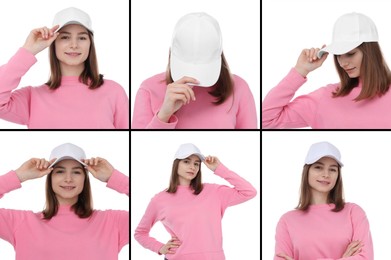 Image of Young woman wearing stylish baseball hat on white background. Collage of photos