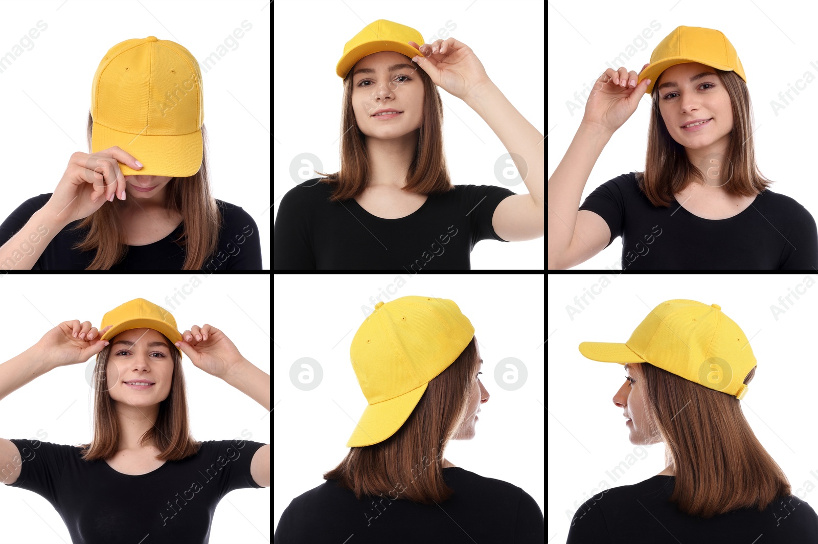 Young woman wearing stylish yellow baseball hat on white background. Collage of photos Image of Young woman wearing stylish yellow baseball hat on white background. Collage of photos