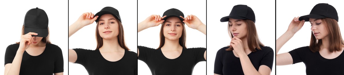 Image of Young woman wearing stylish black baseball hat on white background. Collage of photos