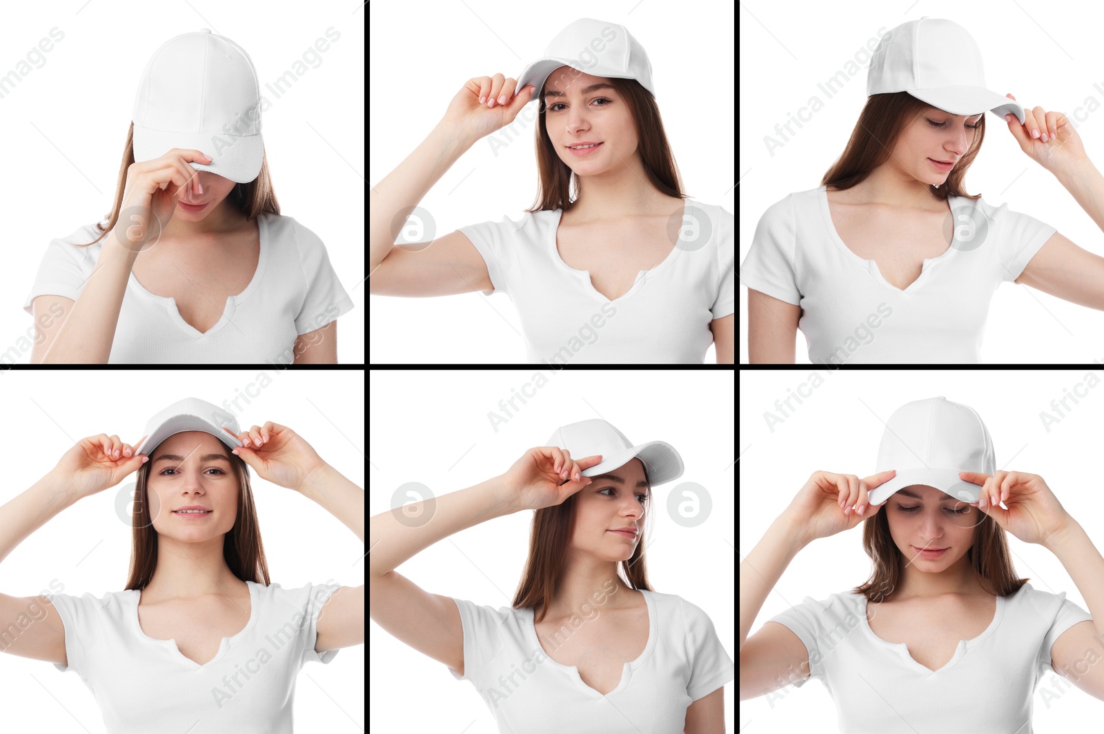 Young woman wearing stylish baseball hat on white background. Collage of photos Image of Young woman wearing stylish baseball hat on white background. Collage of photos