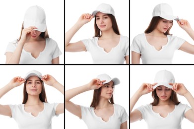 Image of Young woman wearing stylish baseball hat on white background. Collage of photos