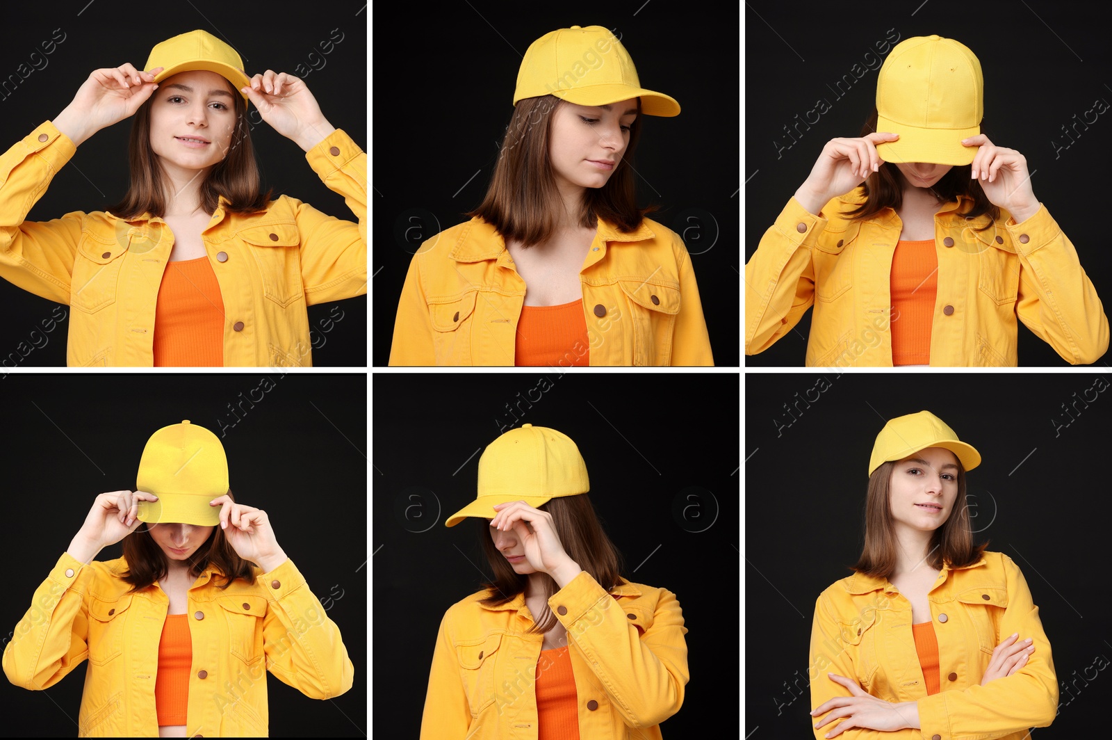 Young woman wearing stylish yellow baseball hat on black background. Collage of photos Image of Young woman wearing stylish yellow baseball hat on black background. Collage of photos