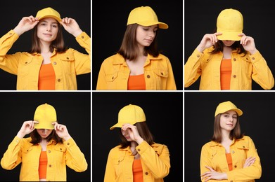 Image of Young woman wearing stylish yellow baseball hat on black background. Collage of photos