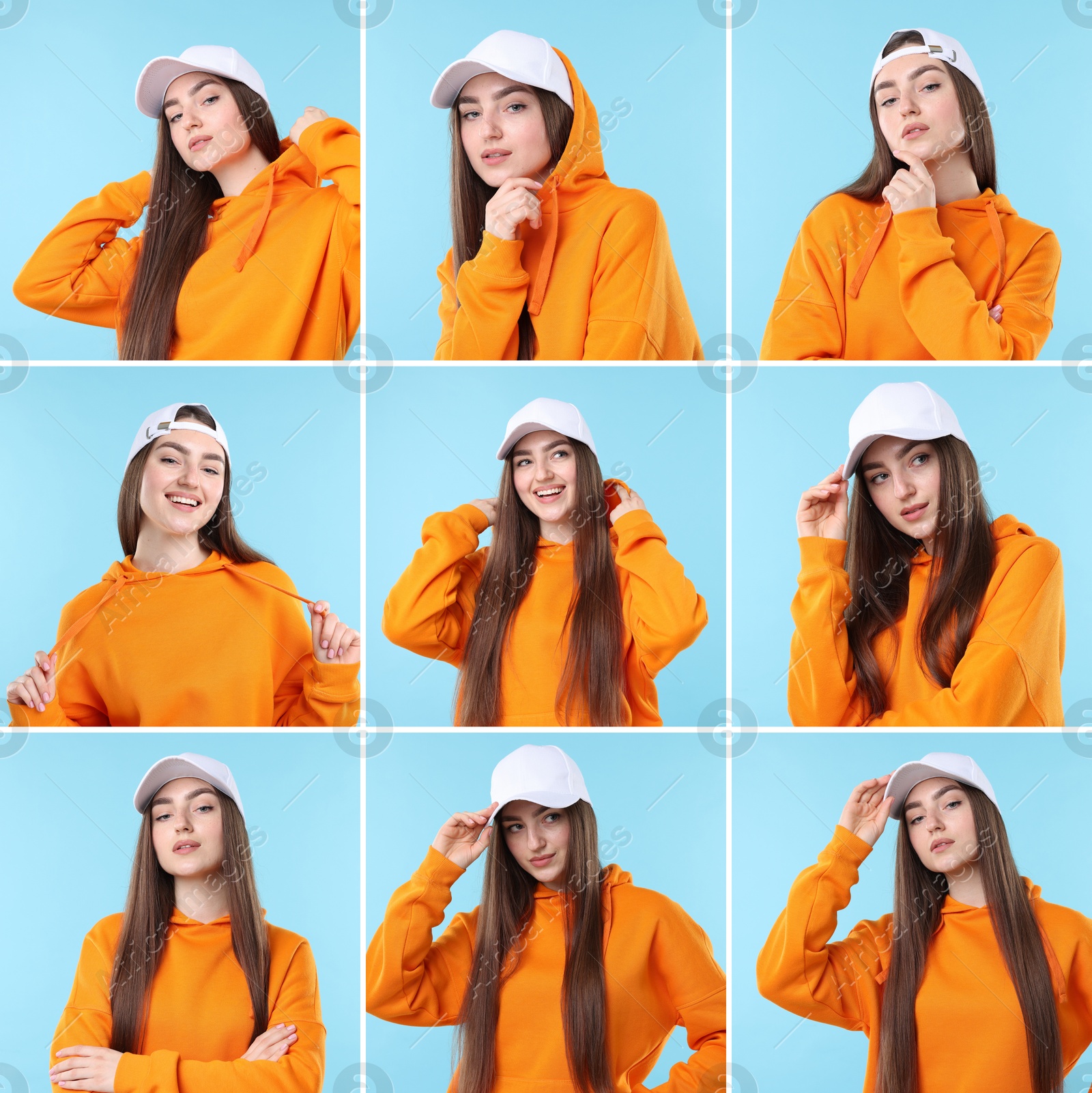 Young woman wearing stylish white baseball hat on light blue background. Collage of photos Image of Young woman wearing stylish white baseball hat on light blue background. Collage of photos