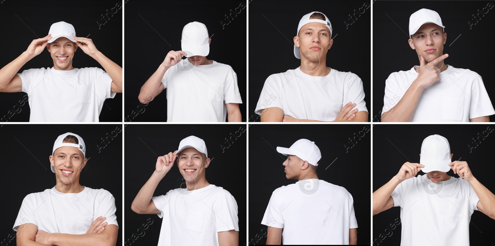 Young man wearing stylish white baseball hat on black background. Collage of photos Image of Young man wearing stylish white baseball hat on black background. Collage of photos