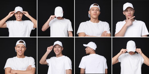 Image of Young man wearing stylish white baseball hat on black background. Collage of photos