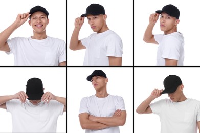 Image of Young man wearing stylish black baseball hat on white background. Collage of photos