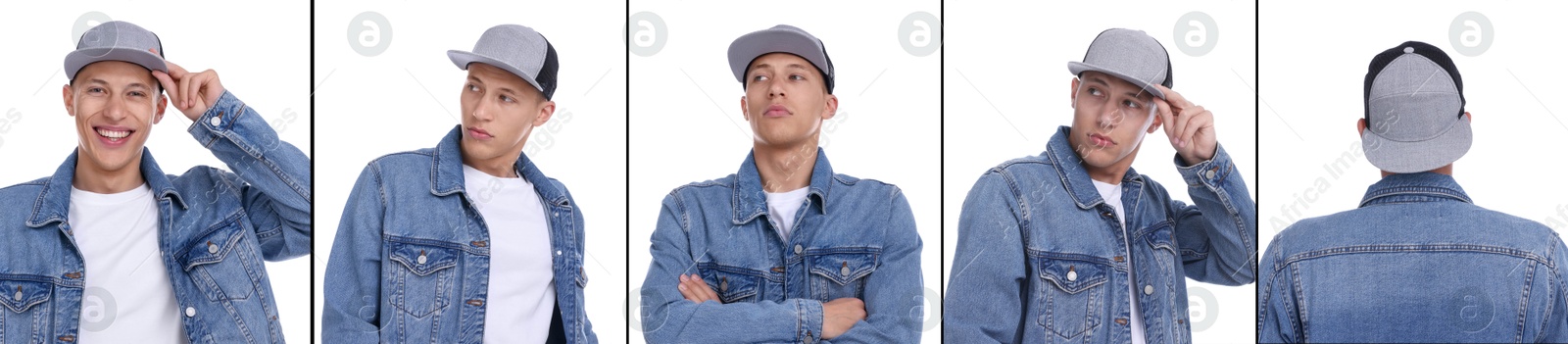 Young man wearing stylish baseball hat on white background. Collage of photos Image of Young man wearing stylish baseball hat on white background. Collage of photos