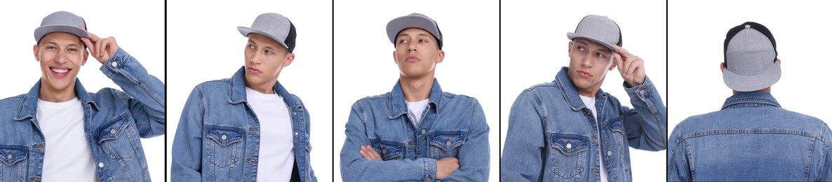 Image of Young man wearing stylish baseball hat on white background. Collage of photos