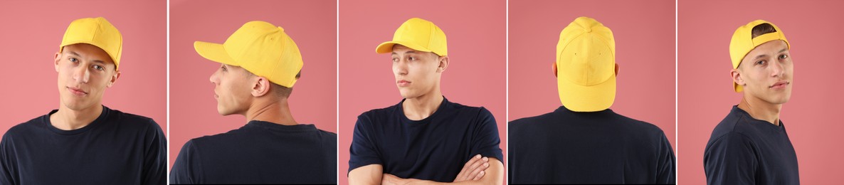 Image of Young man wearing stylish yellow baseball hat on pink background. Collage of photos