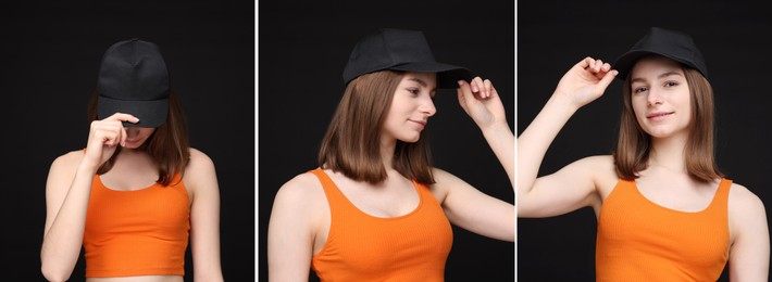 Image of Young woman wearing stylish baseball hat on black background. Collage of photos