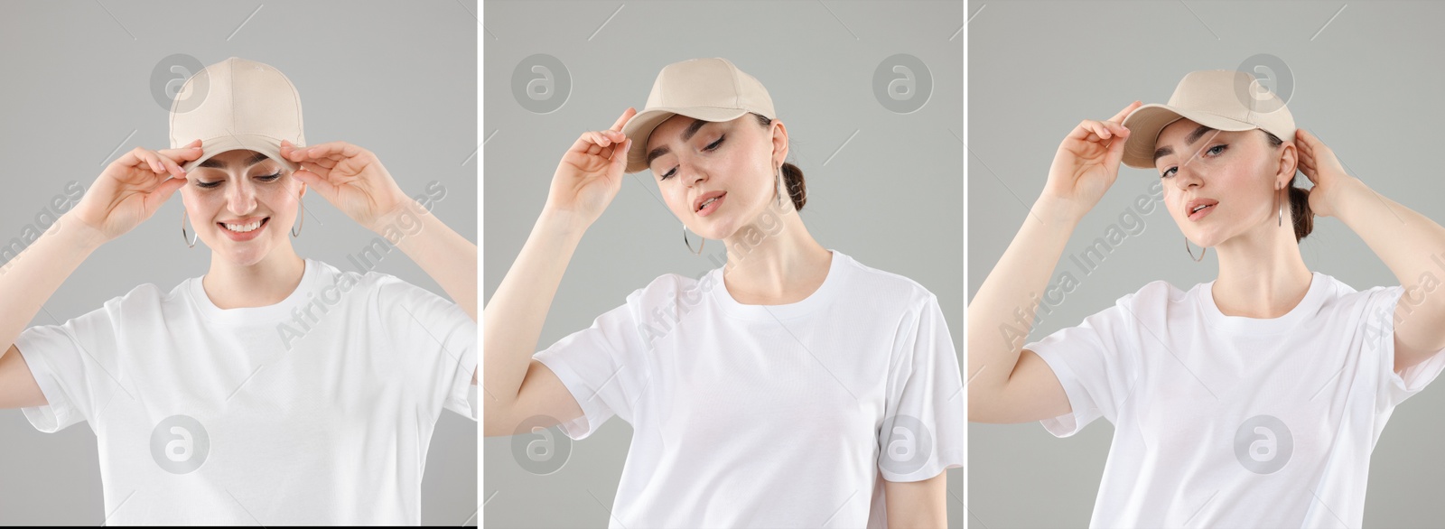 Young woman wearing stylish beige baseball hat on light grey background. Collage of photos Image of Young woman wearing stylish beige baseball hat on light grey background. Collage of photos
