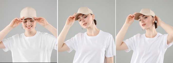 Image of Young woman wearing stylish beige baseball hat on light grey background. Collage of photos