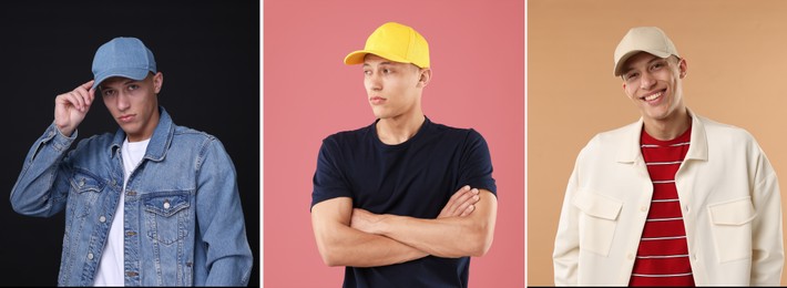 Image of Young man wearing stylish baseball hats. Collage of photos on different colors background