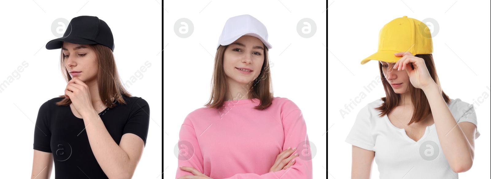 Young woman wearing stylish baseball hats. Collage of photos on white background Image of Young woman wearing stylish baseball hats. Collage of photos on white background