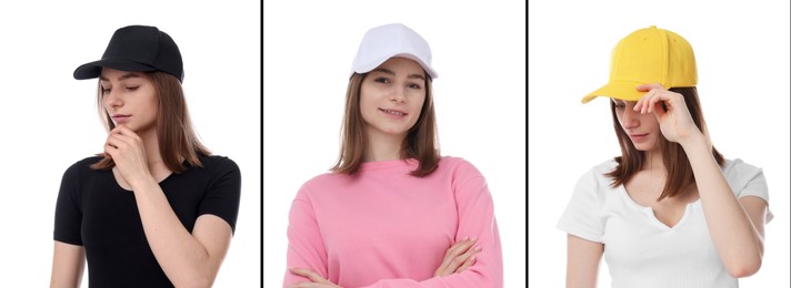 Image of Young woman wearing stylish baseball hats. Collage of photos on white background