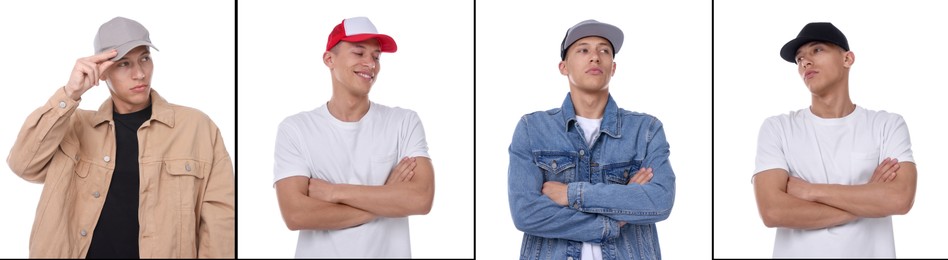 Image of Young man wearing stylish baseball hats. Collage of photos on white background