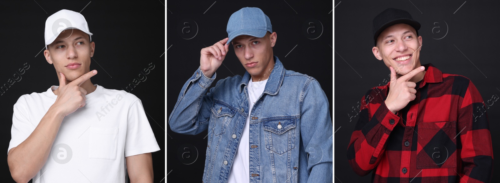 Young man wearing stylish baseball hats. Collage of photos on black background Image of Young man wearing stylish baseball hats. Collage of photos on black background