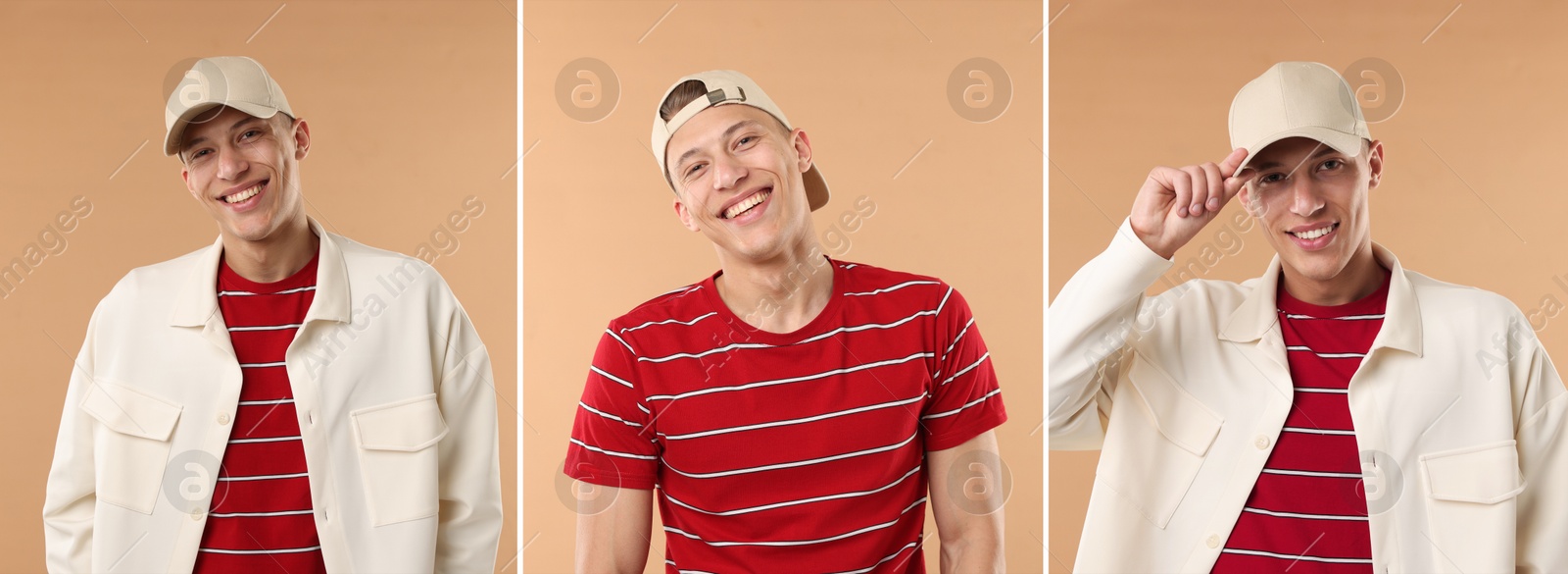 Young man wearing stylish baseball hat on dark beige background. Collage of photos Image of Young man wearing stylish baseball hat on dark beige background. Collage of photos