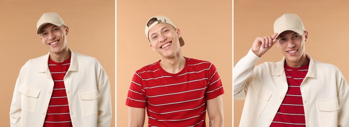 Image of Young man wearing stylish baseball hat on dark beige background. Collage of photos