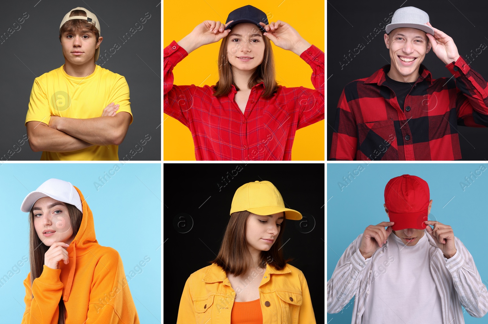 People wearing stylish baseball hats. Collage of photos on different colors backgrounds Image of People wearing stylish baseball hats. Collage of photos on different colors backgrounds