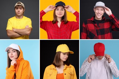 Image of People wearing stylish baseball hats. Collage of photos on different colors backgrounds