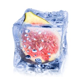 Image of Half of fresh fig inside ice cube isolated on white
