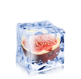 Image of Half of fresh fig inside ice cube isolated on white