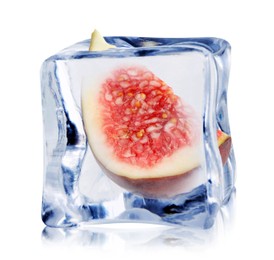 Image of Piece of fresh fig inside ice cube isolated on white