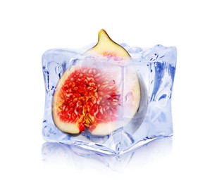 Image of Half of fresh fig inside ice cube isolated on white