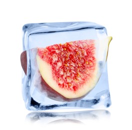Image of Piece of fresh fig inside ice cube isolated on white