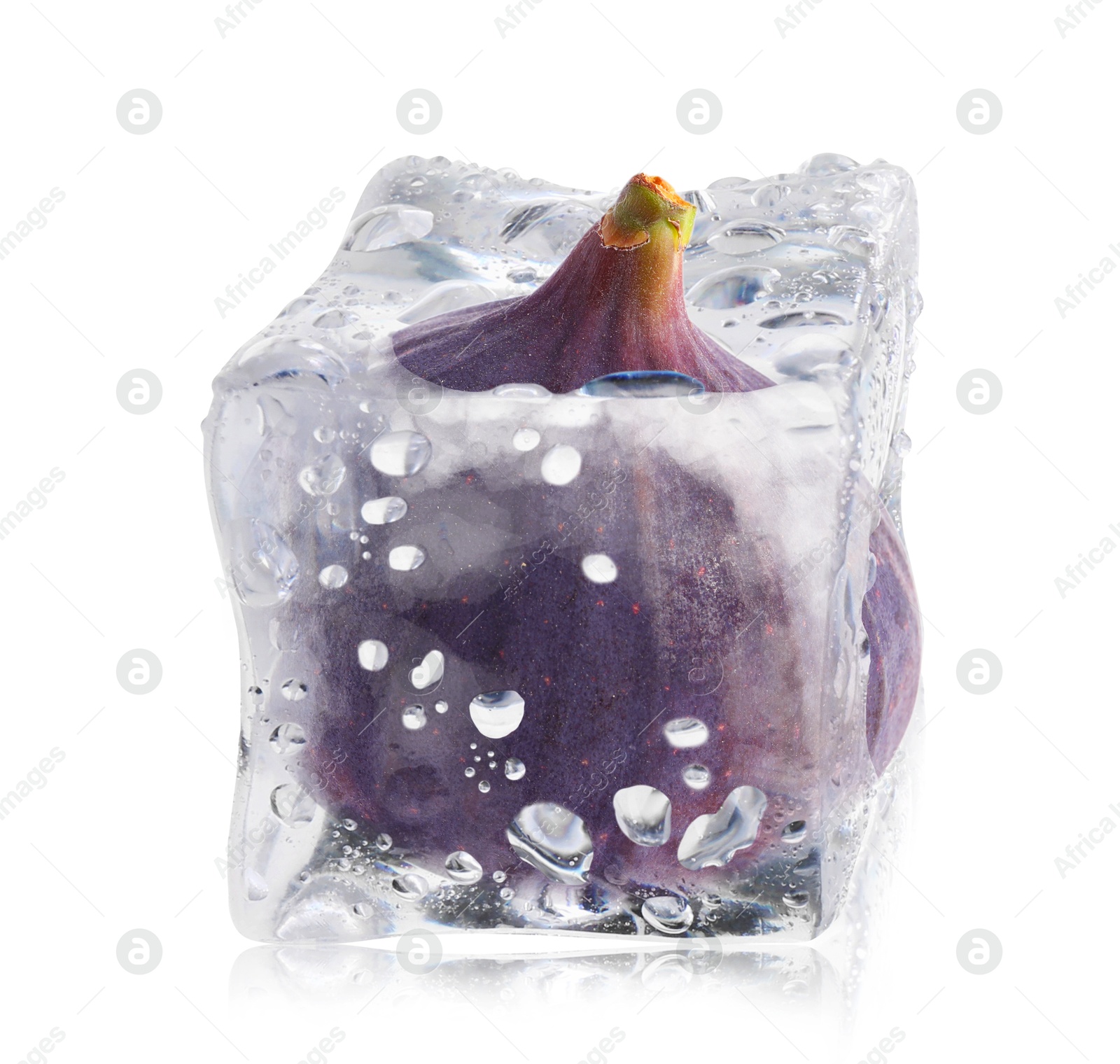 Image of Fresh fig inside ice cube isolated on white