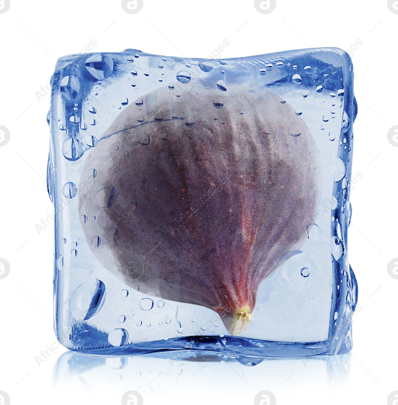 Image of Fresh fig inside ice cube isolated on white