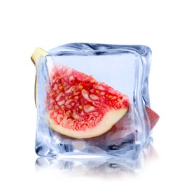 Image of Piece of fresh fig inside ice cube isolated on white