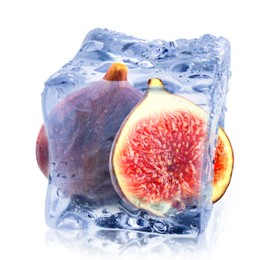 Image of Fresh figs inside ice cube isolated on white