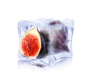 Image of Fresh figs inside ice cube isolated on white