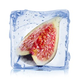 Image of Piece of fresh fig inside ice cube isolated on white